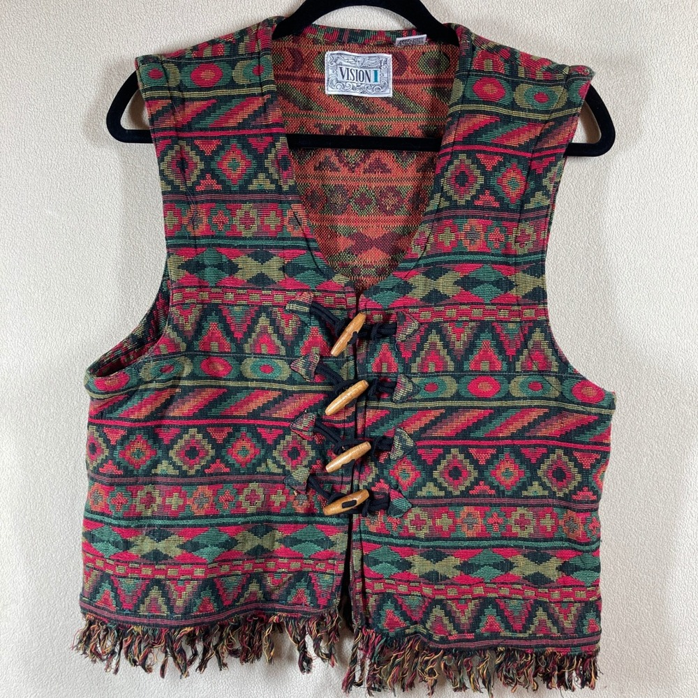 Vtg Vision 1 Unique Tapestry Tribal Vest Sz Large Wooden Toggle Button‎ Front